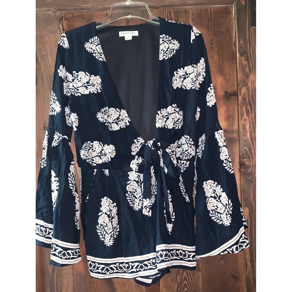 Loveriche Wrapped Dress Romper Lined Women's Size S‎ Blue White Floral LS Bell